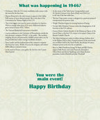 Detailed text describing significant historical events and pop culture moments from the year 1946, offering fun facts and trivia for a birthday celebration.