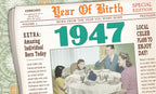 Vintage newspaper birthday card with 'Year Of Birth' headline, featuring the year '1947' prominently and a classic 1940s family dinner illustration, perfect for a grandparent's nostalgic celebration.