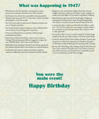 Inside of a birthday card detailing significant historical events from 1947, including cultural, political, and technological milestones, under the heading 'What was happening in 1947?'