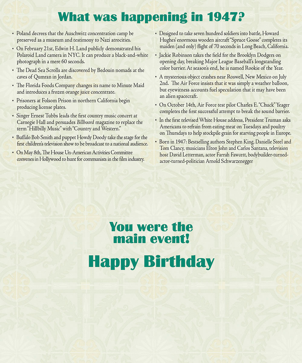 Inside of a birthday card detailing significant historical events from 1947, including cultural, political, and technological milestones, under the heading 'What was happening in 1947?'