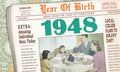 Close-up of a vintage newspaper-style greeting card with a large green '1948' headline and text 'Year Of Birth', featuring a nostalgic illustration of a 1940s family enjoying dinner.
