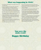 Interior view of a personalized 'Year of Birth' greeting card, displaying a detailed list of historical events that occurred in 1948 under the title 'What was happening in 1948?'