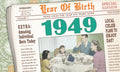 Vintage 1949 birthday greeting card designed as a newspaper front page, featuring a retro family dinner scene and headlines like 'Amazing Individual Born Today'.