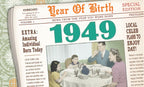 Vintage 1949 birthday greeting card designed as a newspaper front page, featuring a retro family dinner scene and headlines like 'Amazing Individual Born Today'.