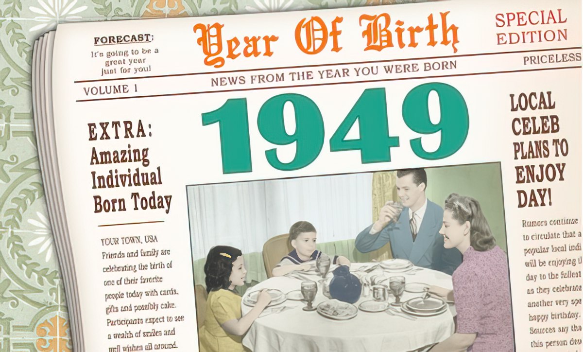 Vintage 1949 birthday greeting card designed as a newspaper front page, featuring a retro family dinner scene and headlines like 'Amazing Individual Born Today'.