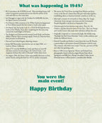 Open birthday greeting card with 1949 historical facts in a vintage newspaper style, titled 'What was happening in 1949?', ending with 'You were the main event! Happy Birthday'.