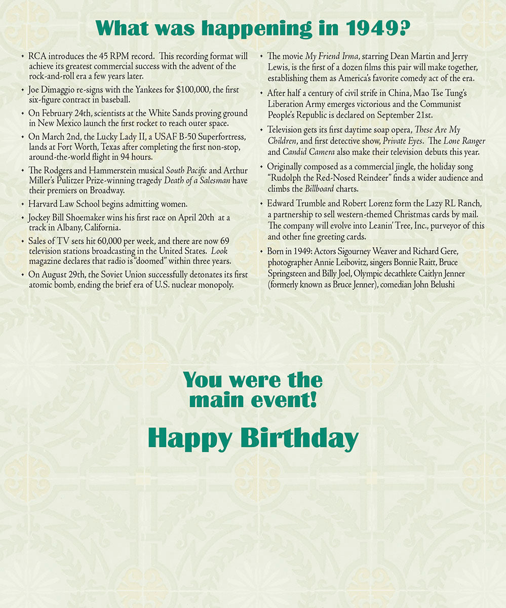 Open birthday greeting card with 1949 historical facts in a vintage newspaper style, titled 'What was happening in 1949?', ending with 'You were the main event! Happy Birthday'.