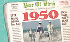 Front of a vintage newspaper-themed greeting card, celebrating a 1950 birth year with the headline 'News From The Year You Were Born' and a nostalgic family beach photo. Ideal for milestone birthdays.