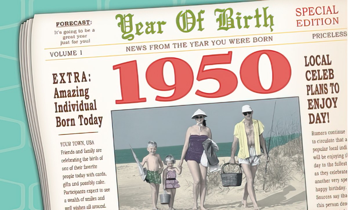 Front of a vintage newspaper-themed greeting card, celebrating a 1950 birth year with the headline 'News From The Year You Were Born' and a nostalgic family beach photo. Ideal for milestone birthdays.
