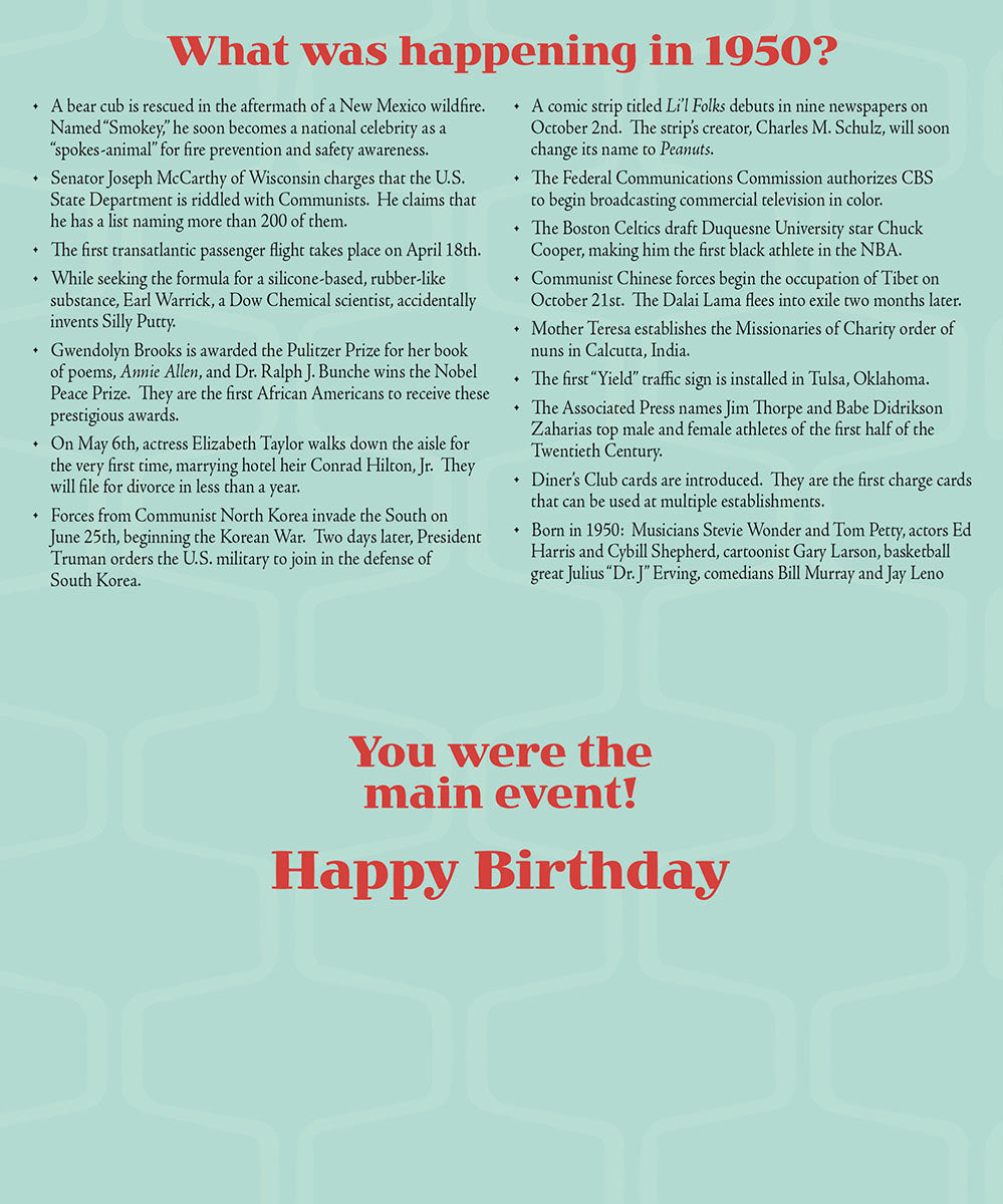Inside view of a personalized 1950 birth year greeting card, listing significant historical and pop culture events from that year with a 'You were the main event! Happy Birthday' message.
