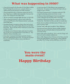 Inside view of a personalized 1950 birth year greeting card, listing significant historical and pop culture events from that year with a 'You were the main event! Happy Birthday' message.
