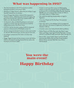 Close-up of a birthday greeting card detailing key historical events from the year 1951, including cultural and political highlights.