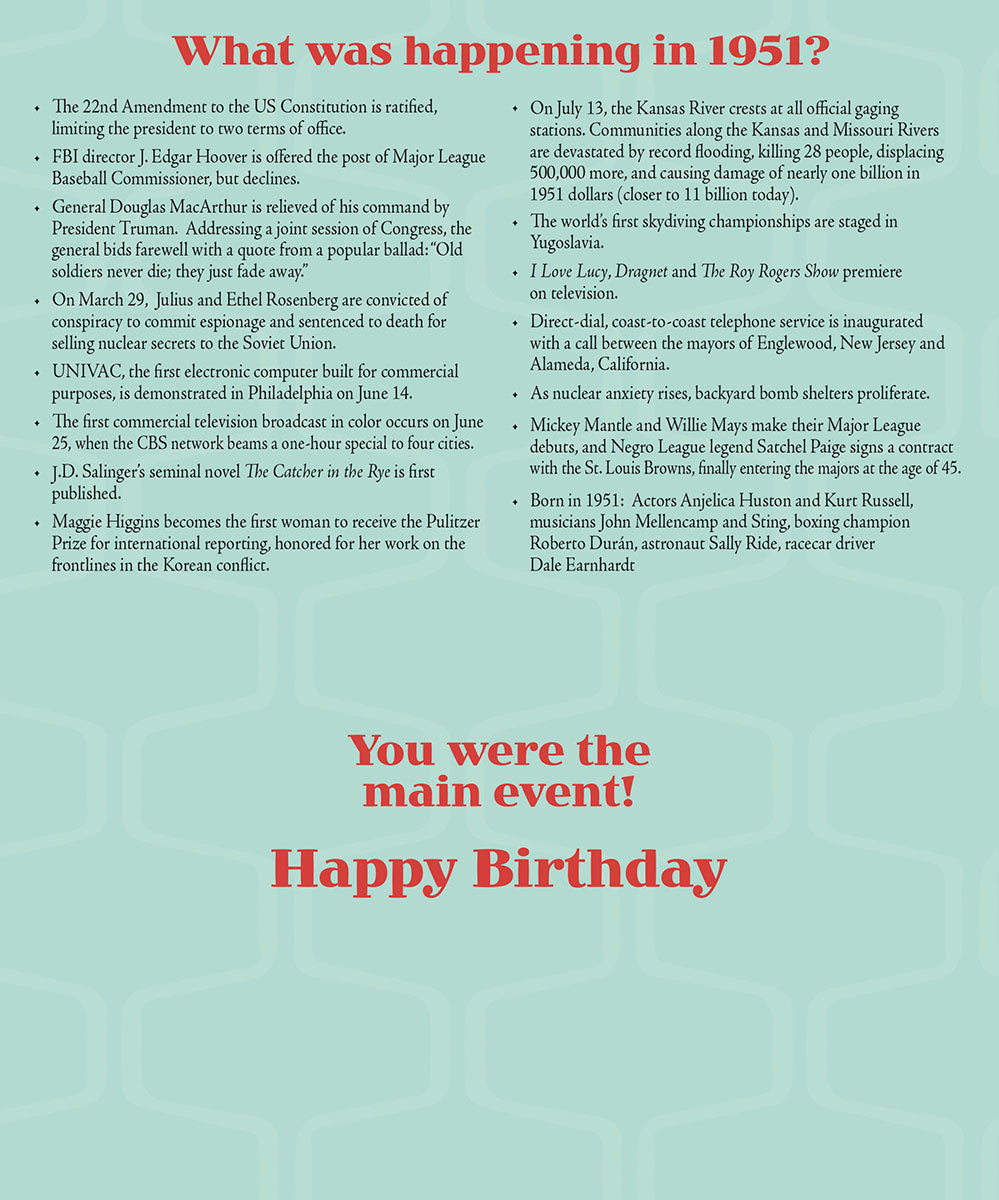 Close-up of a birthday greeting card detailing key historical events from the year 1951, including cultural and political highlights.