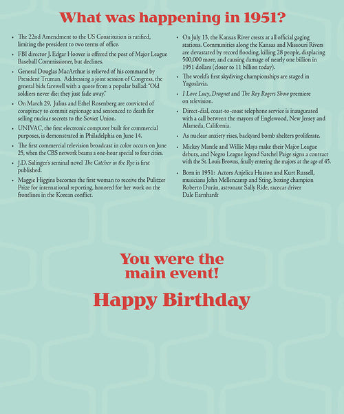 Inside of a 'Year of Birth' greeting card detailing historical events from 1951, including political, cultural, and technological milestones of that year, with a 'You were the main event! Happy Birthday' message.