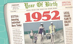 Front of a vintage newspaper-style greeting card for a 1952 birthday. Headline reads 'Year Of Birth News From The Year You Were Born 1952'. Features a black and white photo of a family on a beach in 1952 and text 'Extra: Amazing Individual Born Today'.