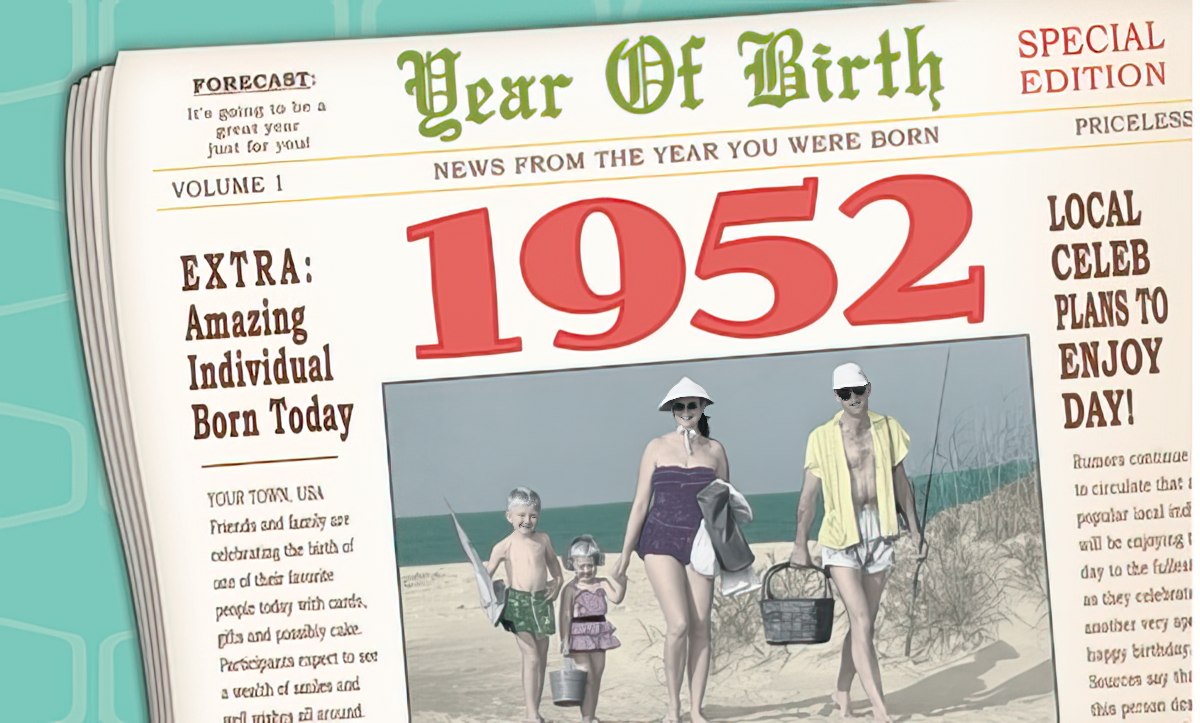 Front of a vintage newspaper-style greeting card for a 1952 birthday. Headline reads 'Year Of Birth News From The Year You Were Born 1952'. Features a black and white photo of a family on a beach in 1952 and text 'Extra: Amazing Individual Born Today'.