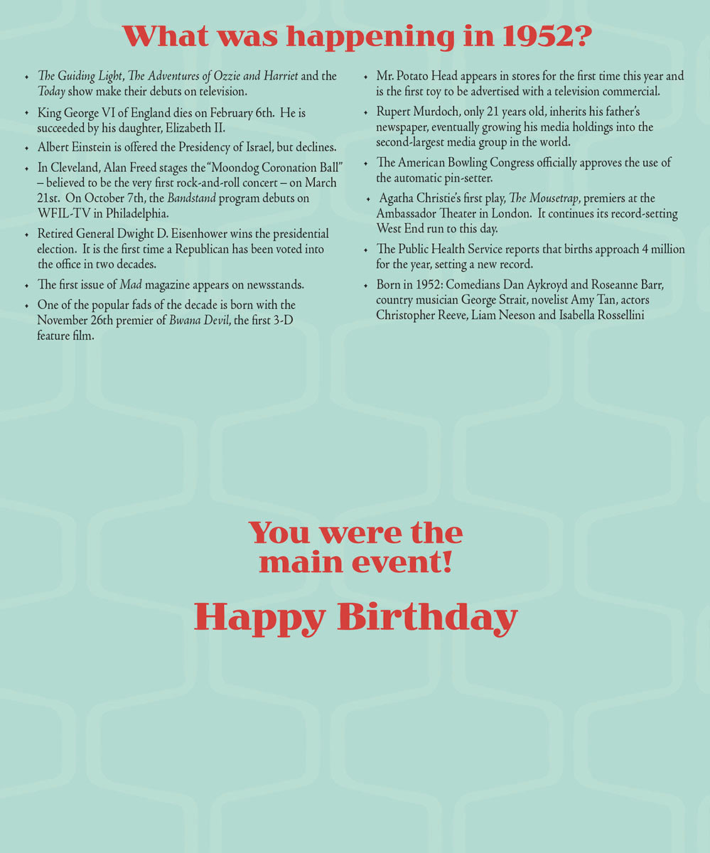 Inside of a nostalgic 1952 birthday card, designed like a newspaper page, listing key historical facts and pop culture events from 1952. Text at the bottom declares 'You were the main event! Happy Birthday'.