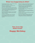 Inside of a nostalgic 1952 birthday card, designed like a newspaper page, listing key historical facts and pop culture events from 1952. Text at the bottom declares 'You were the main event! Happy Birthday'.