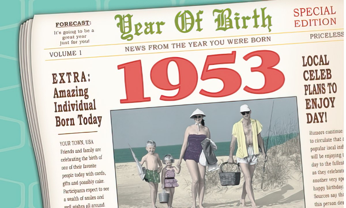 Vintage 1953 Birthday Card front, styled as a newspaper with a headline 'Year Of Birth 1953' and a classic family beach photo.