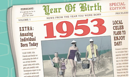 Vintage 1953 Birthday Card front, styled as a newspaper with a headline 'Year Of Birth 1953' and a classic family beach photo.