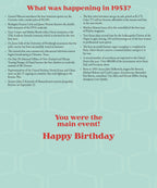 Detailed inside view of a 'Year of Birth' greeting card, showcasing historical facts and significant events from 1953 in a classic newspaper print style.