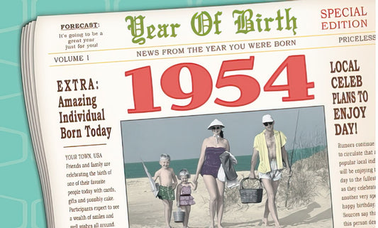 Front of a vintage newspaper-style birthday card for 1954, reading 'Year of Birth 1954' and 'Amazing Individual Born Today'.