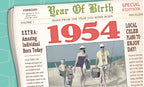 Vintage newspaper-style birthday greeting card, prominently featuring '1954' and 'Year of Birth' headlines, with an old photograph of a family at the beach. Ideal for nostalgic birthdays.