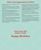 Inside view of a personalized birthday card, detailing historical events and cultural highlights from the year 1954, perfect for a milestone celebration.