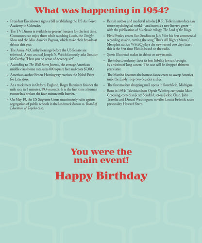 Inside of the 1954 birthday card, listing historical facts from 1954 under 'What happened in 1954?' and 'You were the main event! Happy Birthday'.