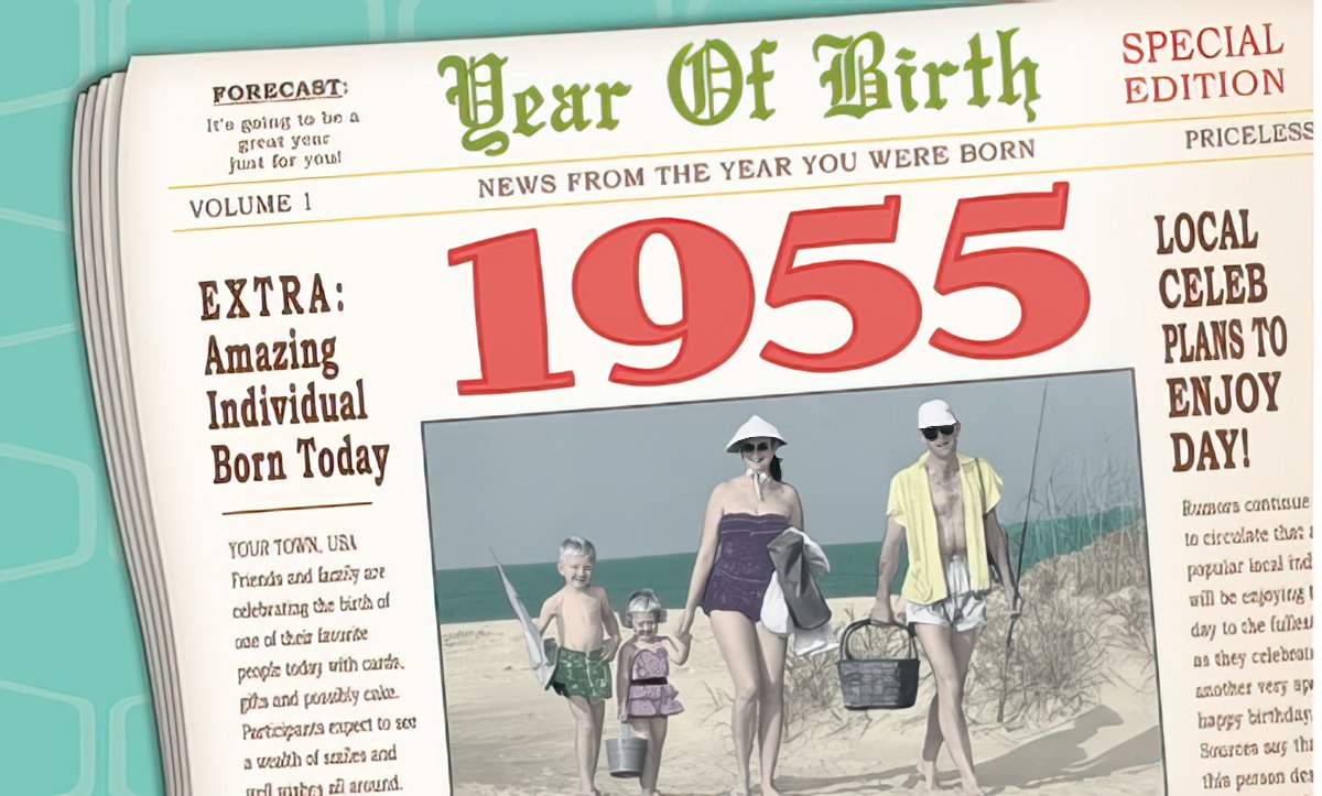 1955 birthday card front, vintage newspaper design, 'Year Of Birth' headline, family on beach image, red '1955' text.
