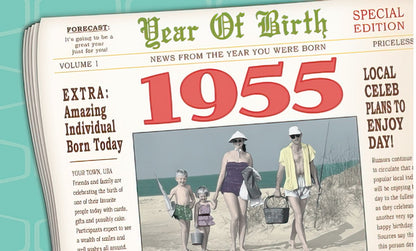 1955 birthday card front, vintage newspaper design, 'Year Of Birth' headline, family on beach image, red '1955' text.