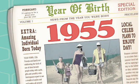 1955 birthday card front, vintage newspaper design, 'Year Of Birth' headline, family on beach image, red '1955' text.