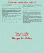 Open vintage newspaper-style greeting card revealing a list of 'What was happening in 1955?' historical facts and 'You were the main event! Happy Birthday' message, an ideal lighthearted gift.