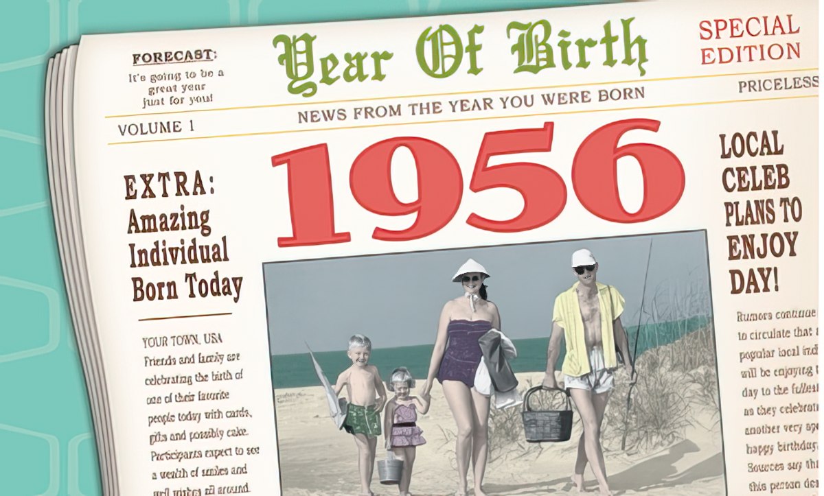 Vintage newspaper birthday card for 1956 with headlines, a family at the beach, and 'You were the main event in 1956!'