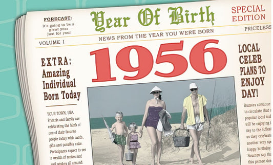 Vintage newspaper birthday card for 1956 with headlines, a family at the beach, and 'You were the main event in 1956!'