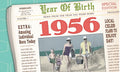 Nostalgic 'Born Story' greeting card, newspaper design for 1956. Features bold '1956' headline, vintage family beach photo, and text like 'Amazing Individual Born Today'. Perfect for a dad's lighthearted birthday.
