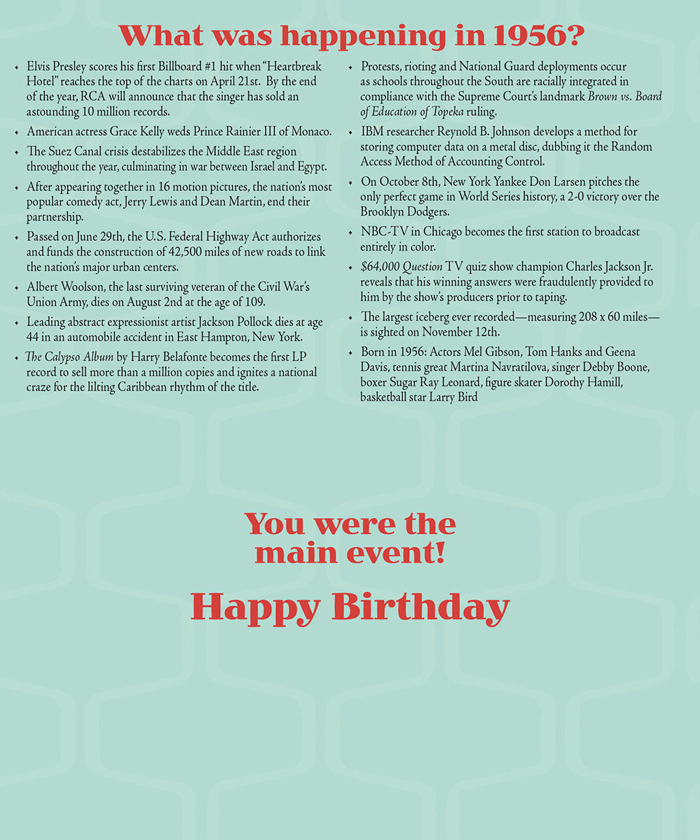 Inside of a 1956 'Year Of Birth' greeting card, detailing historical events and pop culture highlights from 1956. Includes mention of Elvis Presley, Grace Kelly, and other news. Reads 'You were the main event! Happy Birthday'.