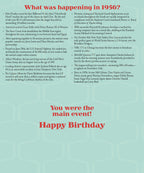 Inside of a 1956 'Year Of Birth' greeting card, detailing historical events and pop culture highlights from 1956. Includes mention of Elvis Presley, Grace Kelly, and other news. Reads 'You were the main event! Happy Birthday'.