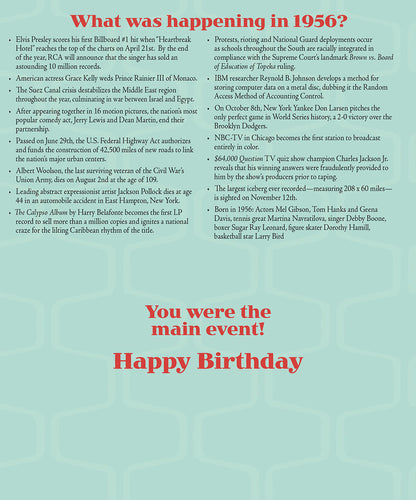 Inside view of the 1956 birthday card, detailing 'What was happening in 1956?' with historical facts and text.