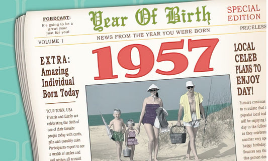 Front of a vintage newspaper-style birthday card titled 'Year Of Birth 1957' with 'Special Edition Priceless' and a family on a beach.