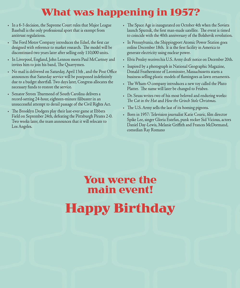 Inside of a 1957 birthday card displaying historical facts and pop culture events from that year, including details about Sputnik, the Edsel car, and Elvis Presley, with a 'Happy Birthday' message.
