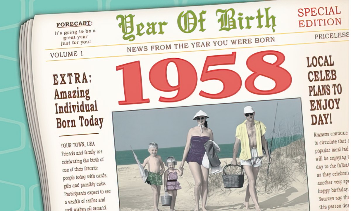 Vintage newspaper-style 1958 birthday card front. Headline reads 'Year Of Birth 1958', with a retro beach photo.