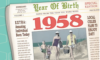 Vintage newspaper-style 1958 birthday card front. Headline reads 'Year Of Birth 1958', with a retro beach photo.