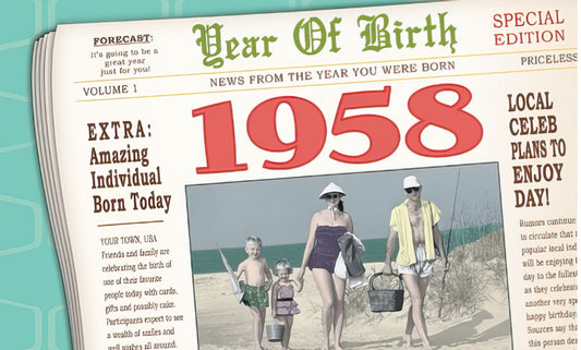 Vintage newspaper-style 1958 birthday card front. Headline reads 'Year Of Birth 1958', with a retro beach photo.