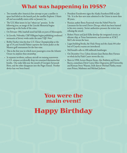 Inside of a 1958 birthday card, detailing historical events and famous births from that year.