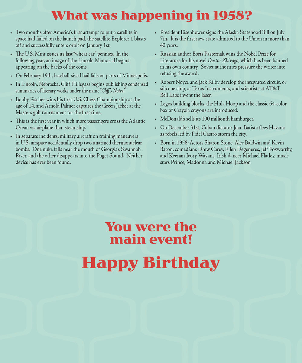 Inside of a birthday card detailing historical events from 1958, including scientific breakthroughs, cultural milestones, and political changes, with the message 'You were the main event! Happy Birthday.'