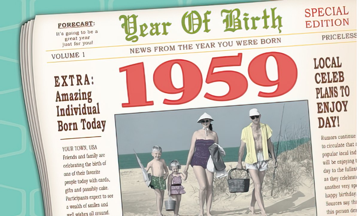 Front of a vintage 1959 birthday card designed like a newspaper, featuring "Year Of Birth 1959" and a retro family on a beach.