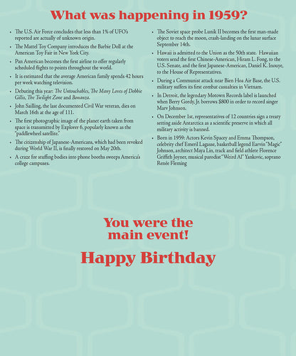 Inside of a 1959 birthday card detailing historical events and fun facts from the year, with a 'Happy Birthday' message.