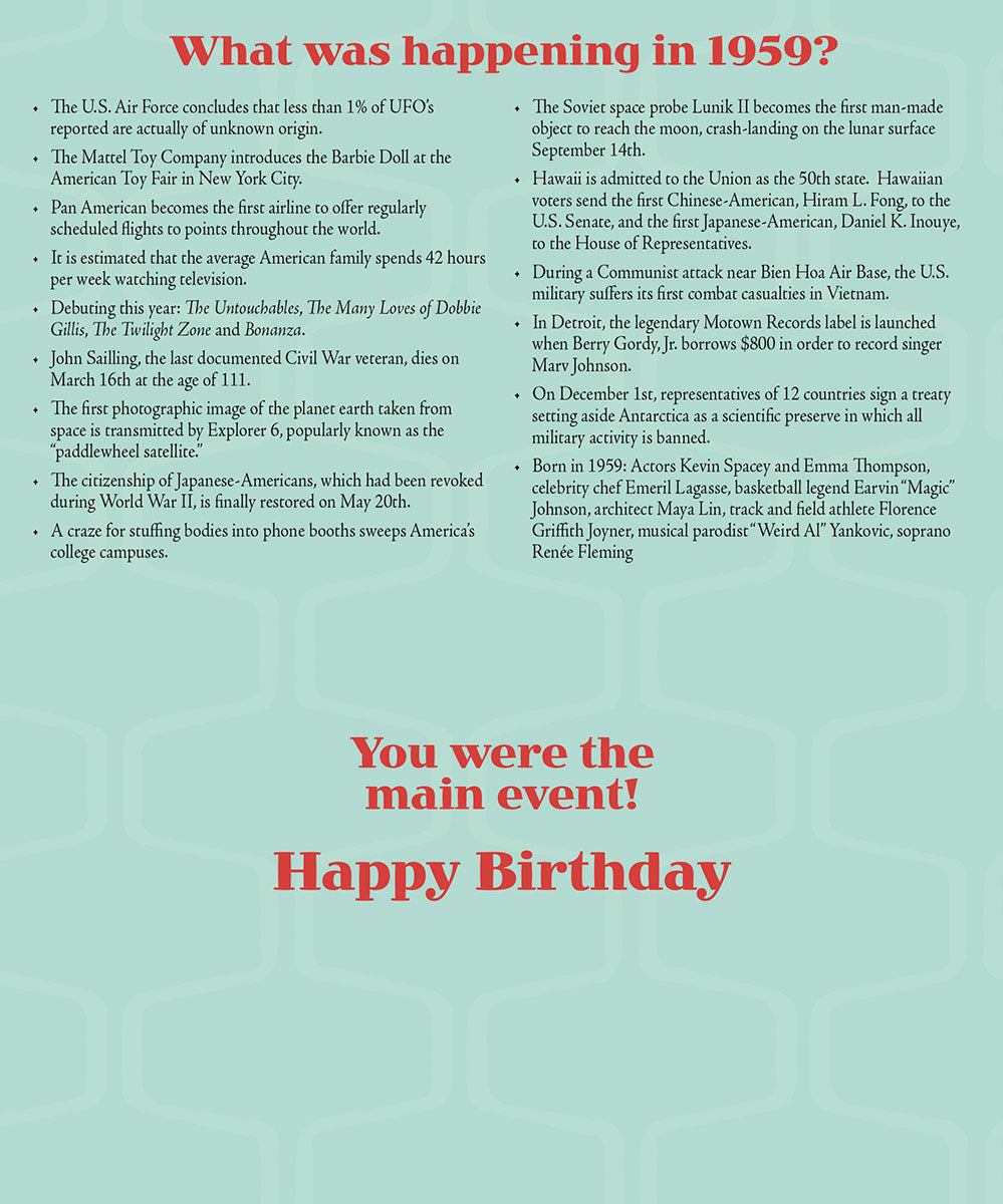 Close-up of a birthday card interior listing significant historical events and pop culture facts from the year 1959, including space travel, civil rights, and toy introductions.