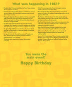 Inside of the 'What was happening in 1961?' greeting card, displaying key historical events from that year such as the Peace Corps establishment, Bob Dylan's debut album, and Sputnik 7. The bottom reads 'You were the main event! Happy Birthday' in a celebratory font, offering a nostalgic and personalized touch.